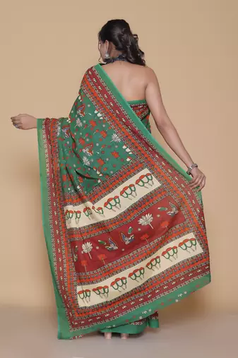 Kalamkari printed  cotton ethnic green saree for woman