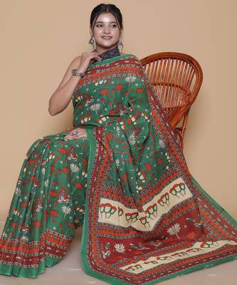 Kalamkari printed  cotton ethnic green saree for woman 4