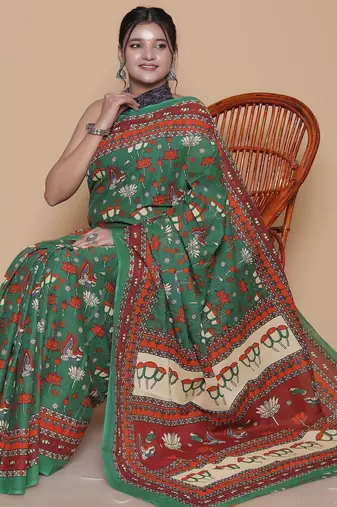 Kalamkari printed  cotton ethnic green saree for woman