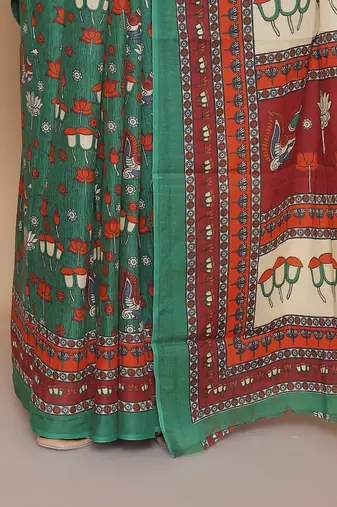 Kalamkari printed  cotton ethnic green saree for woman