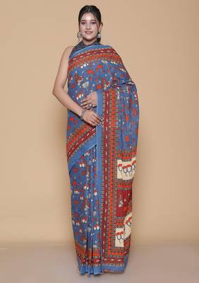 Kalamkari printed  cotton ethnic blue saree for woman 1