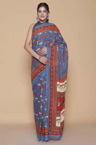Kalamkari printed pure cotton ethnic blue saree for woman