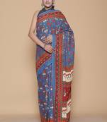 Kalamkari printed pure cotton ethnic blue saree for woman