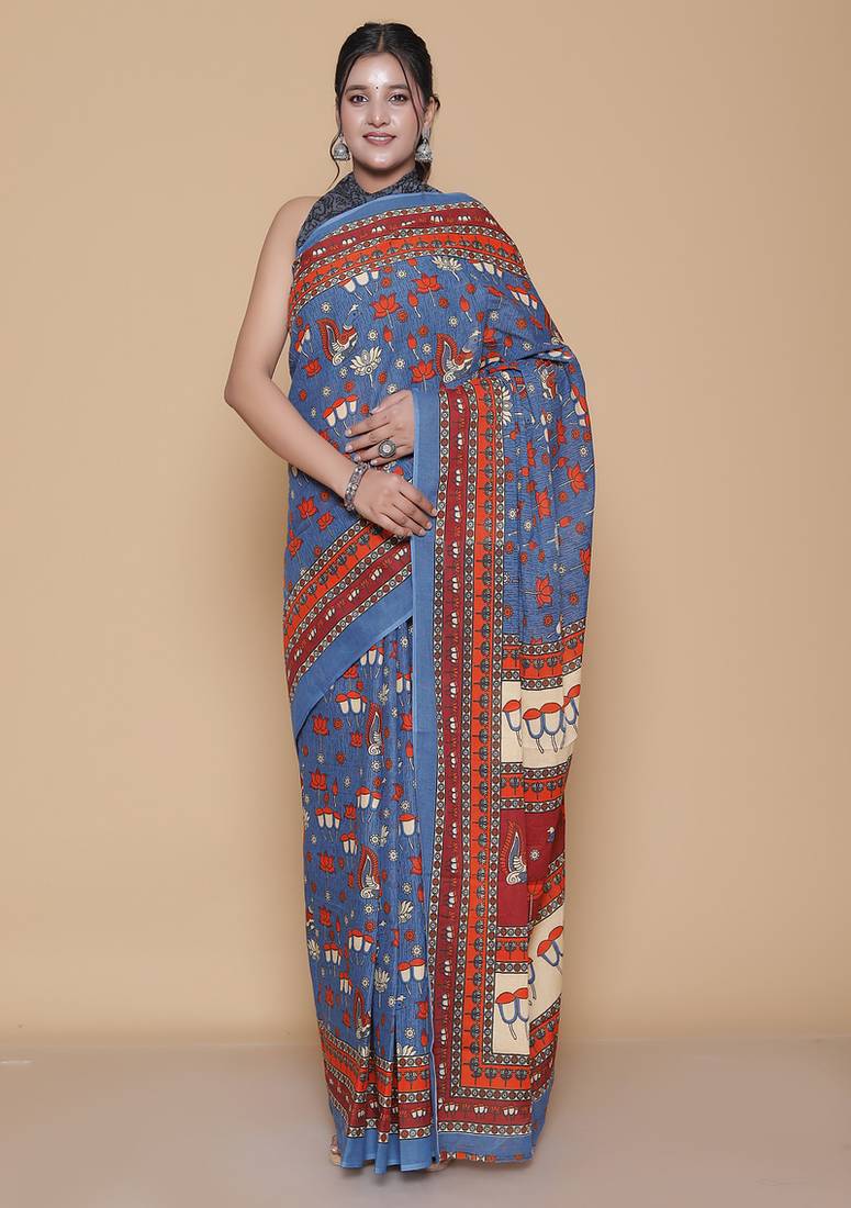 Kalamkari printed pure cotton ethnic blue saree for woman