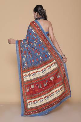 Kalamkari printed  cotton ethnic blue saree for woman 2