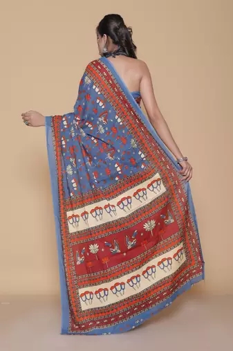 Kalamkari printed  cotton ethnic blue saree for woman