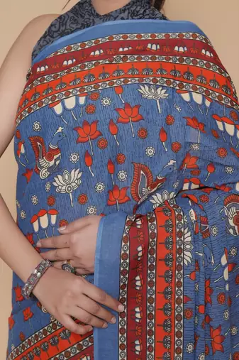 Kalamkari printed  cotton ethnic blue saree for woman