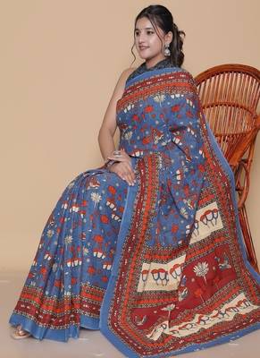 Kalamkari printed  cotton ethnic blue saree for woman 4