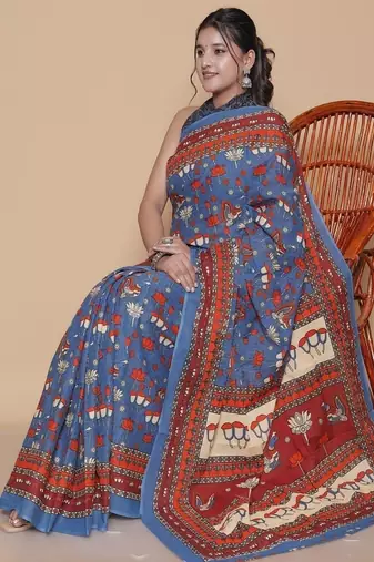 Kalamkari printed  cotton ethnic blue saree for woman