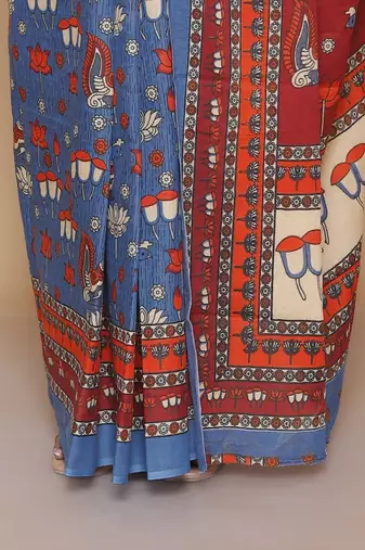Kalamkari printed  cotton ethnic blue saree for woman