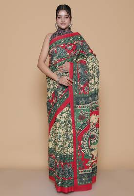 Kalamkari printed cotton ethnic red saree for woman 1