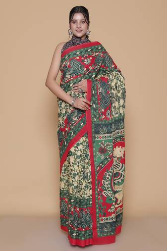 Kalamkari printed pure cotton ethnic red saree for woman