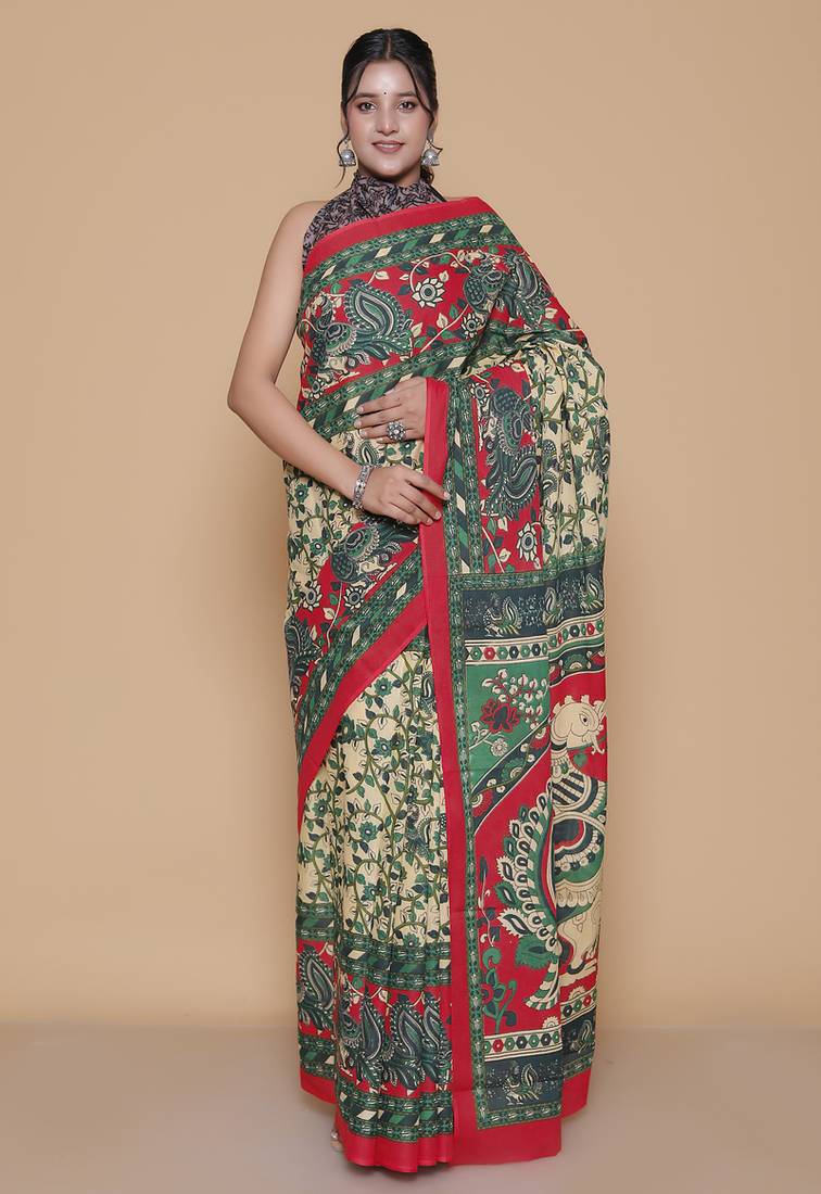 Kalamkari printed pure cotton ethnic red saree for woman