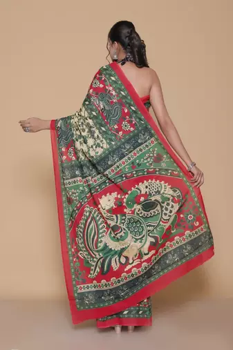 Kalamkari printed  cotton ethnic red saree for woman