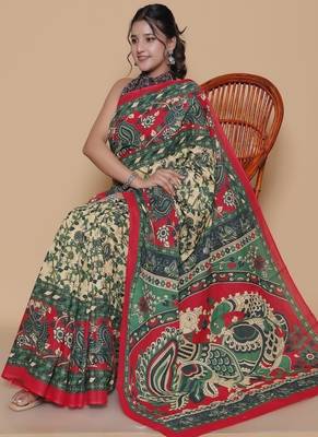 Kalamkari printed cotton ethnic red saree for woman 4