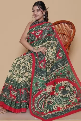 Kalamkari printed  cotton ethnic red saree for woman