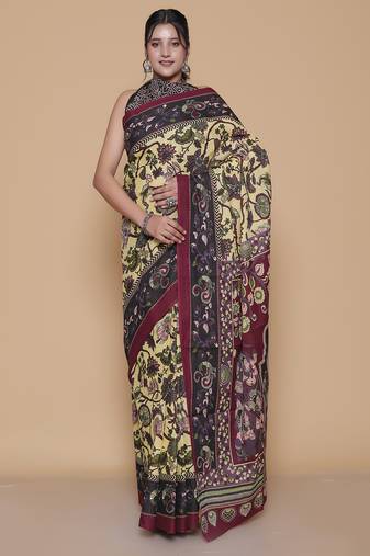 Kalamkari printed pure cotton ethnic cream saree for woman