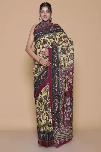 Kalamkari printed pure cotton ethnic cream saree for woman