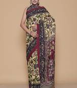 Kalamkari printed pure cotton ethnic cream saree for woman