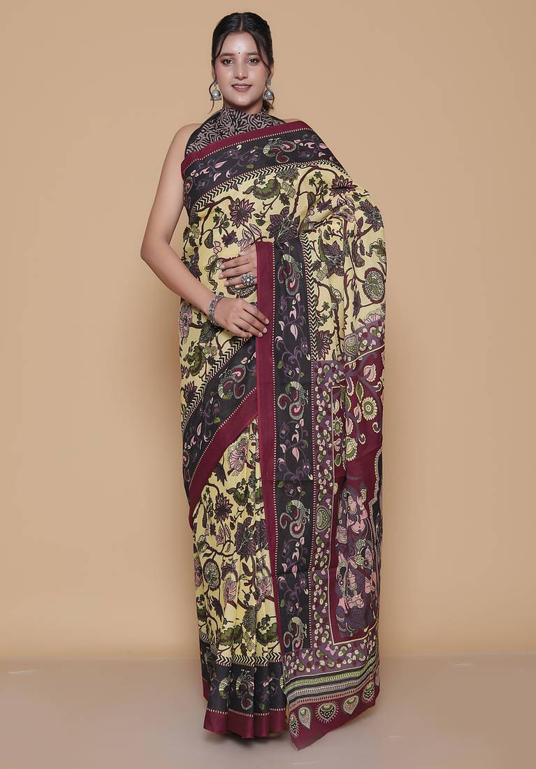 Kalamkari printed pure cotton ethnic cream saree for woman