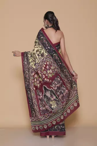 Kalamkari printed  cotton ethnic cream saree for woman