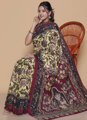 Kalamkari printed  cotton ethnic cream saree for woman 4