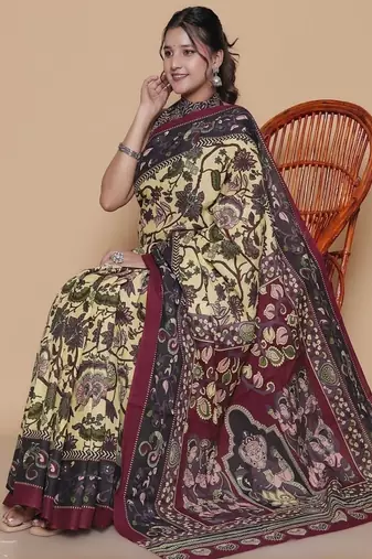 Kalamkari printed  cotton ethnic cream saree for woman