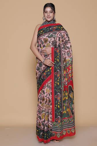 Kalamkari printed pure cotton ethnic pink saree for woman