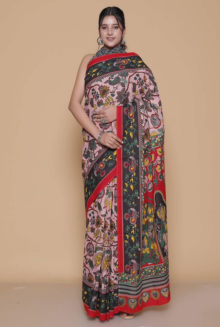 Kalamkari printed pure cotton ethnic pink saree for woman