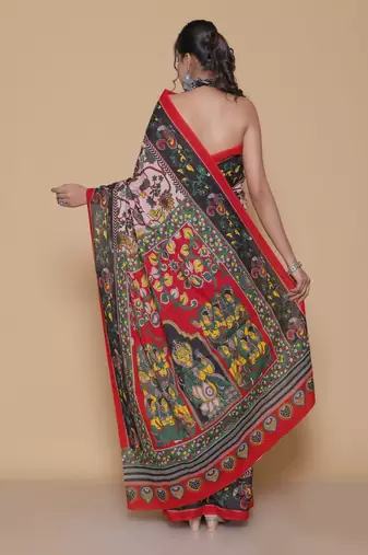 Kalamkari printed  cotton ethnic pink saree for woman
