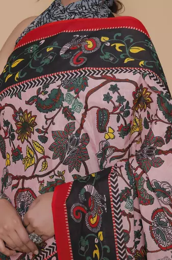 Kalamkari printed  cotton ethnic pink saree for woman
