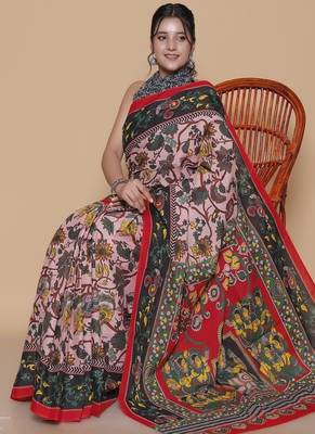 Kalamkari printed  cotton ethnic pink saree for woman 4