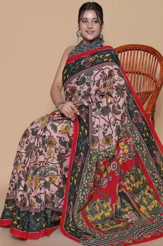 Kalamkari printed  cotton ethnic pink saree for woman