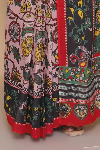Kalamkari printed  cotton ethnic pink saree for woman