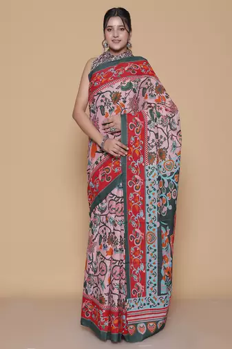 Kalamkari printed pure cotton ethnic pink saree for woman
