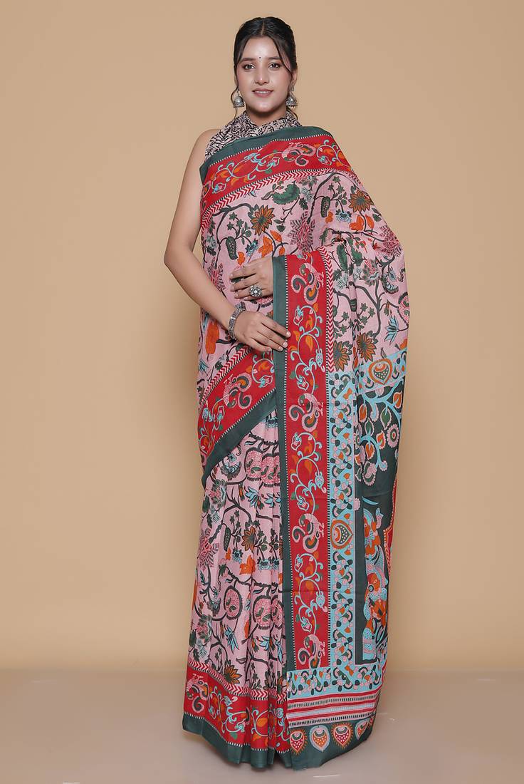 Kalamkari printed pure cotton ethnic pink saree for woman