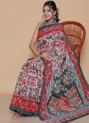 Kalamkari printed  cotton ethnic pink saree for woman 4