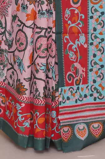Kalamkari printed  cotton ethnic pink saree for woman