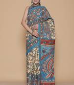 Kalamkari printed pure cotton ethnic blue saree for woman