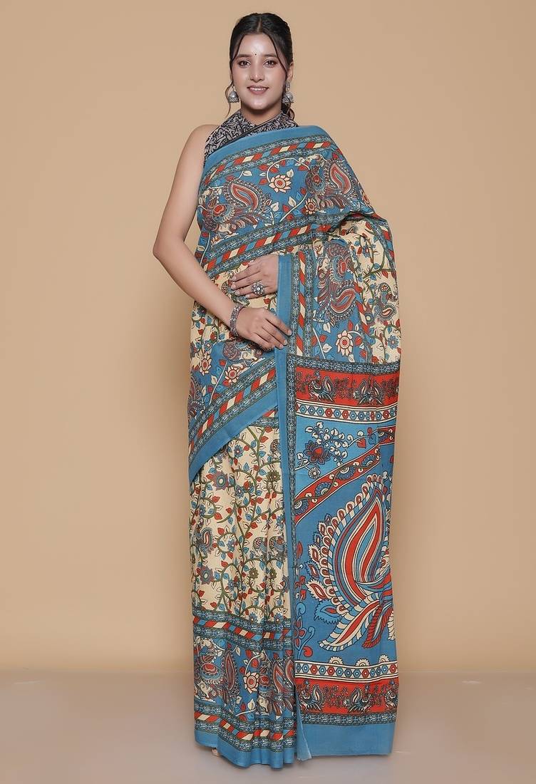Kalamkari printed pure cotton ethnic blue saree for woman