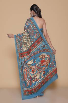 Kalamkari printed  cotton ethnic blue saree for woman 2