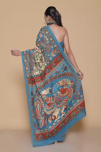 Kalamkari printed  cotton ethnic blue saree for woman