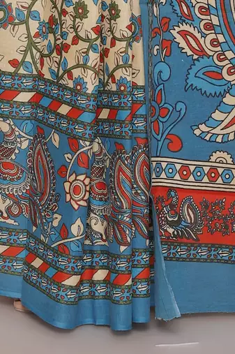 Kalamkari printed  cotton ethnic blue saree for woman