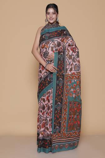 Kalamkari printed pure cotton ethnic pink saree for woman