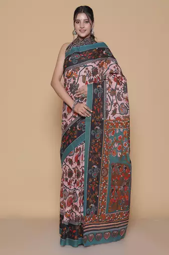 Kalamkari printed pure cotton ethnic pink saree for woman