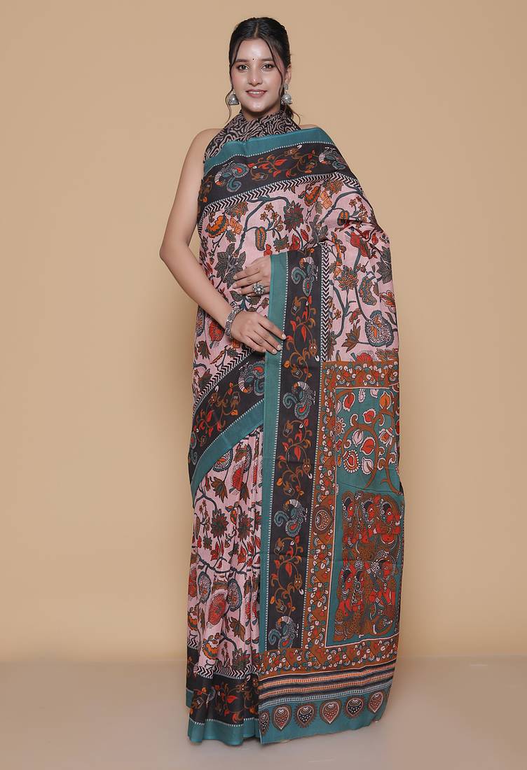 Kalamkari printed pure cotton ethnic pink saree for woman