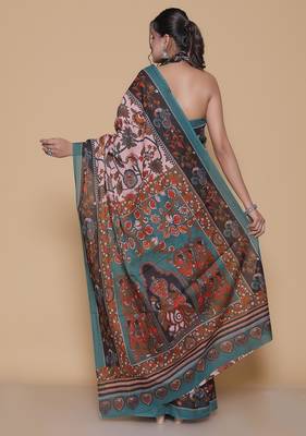 Kalamkari printed  cotton ethnic pink saree for woman 2