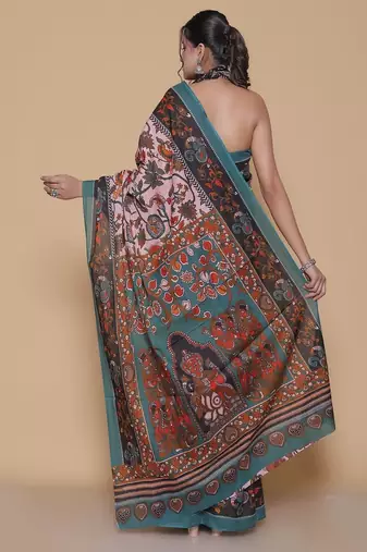 Kalamkari printed  cotton ethnic pink saree for woman