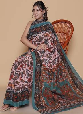 Kalamkari printed  cotton ethnic pink saree for woman 4