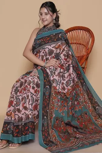 Kalamkari printed  cotton ethnic pink saree for woman